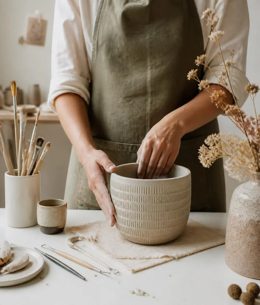 Artisan shaping a ceramic planter in the studio